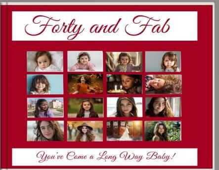 Customized 40 and Fab Front cover of Plippage Photo Book with customizable photo and title layout.